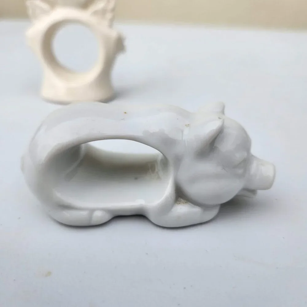 Set of 2 Vintage Napkin Rings Holders Ceramic Angel Pig White Bundle